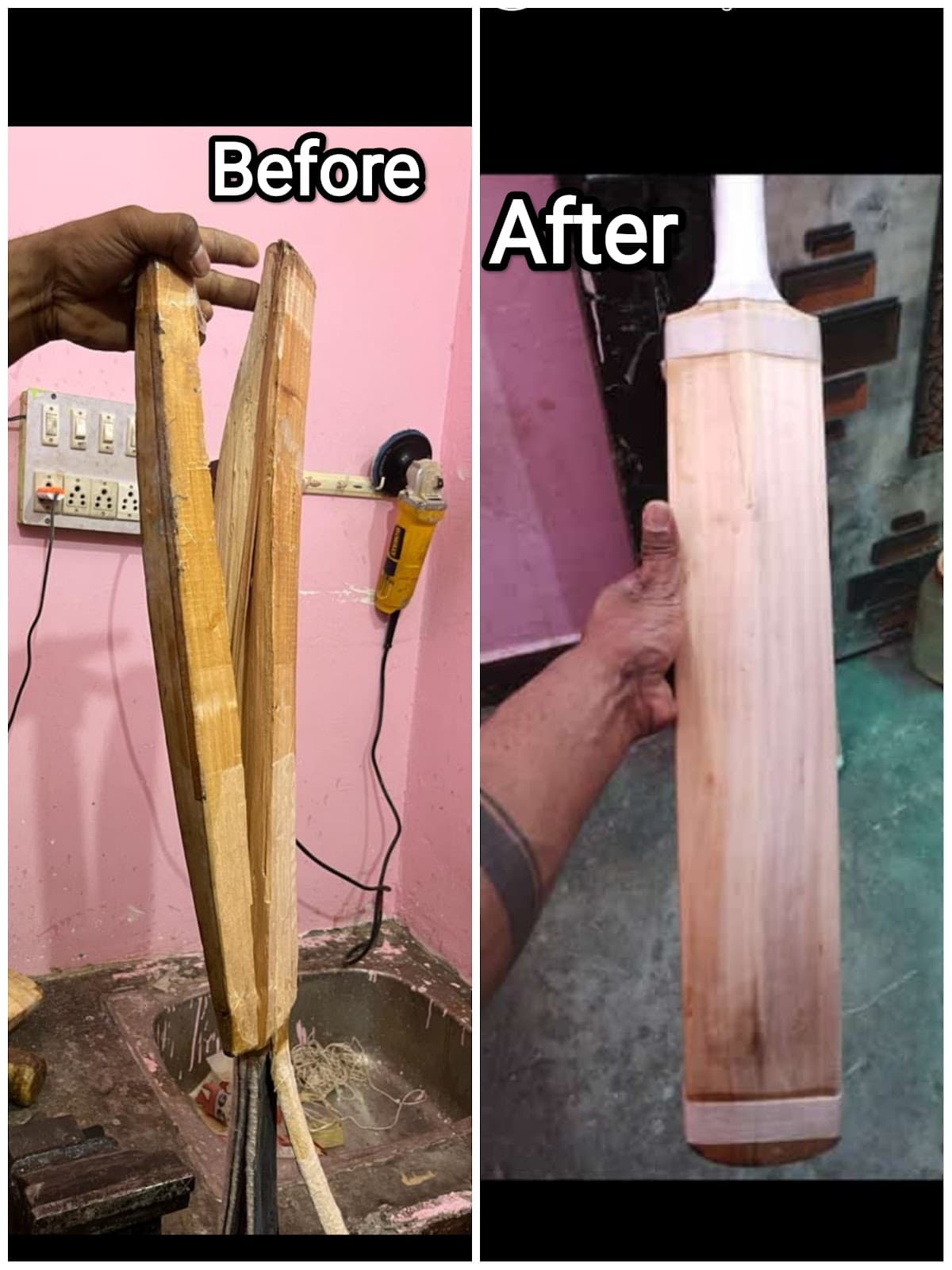Before and after cricket bat repair